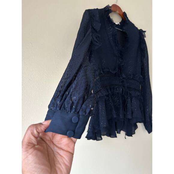 Johnathan Simkhai Navy Semi Sheer Chiffon Ruffle Blouse Size Medium - Picture 7 of 12